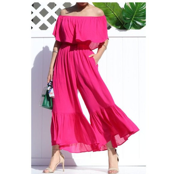 Pants - Boho Off Shoulder Ruffle Wide Leg Jumpsuit Jumper
